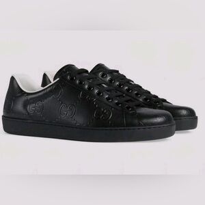 NEW Gucci Men's Ace GG Embossed Sneaker in Black Leather 11.5